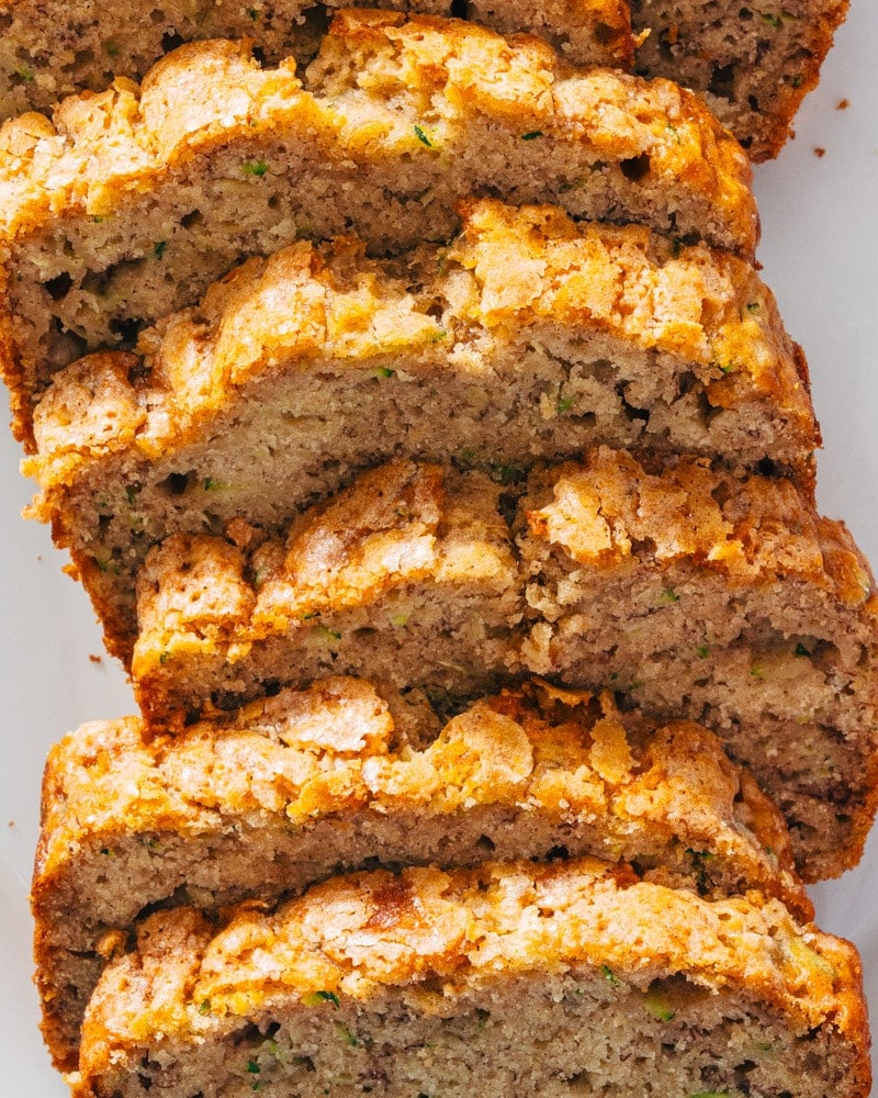 Banana zucchini bread sliced on a plate 